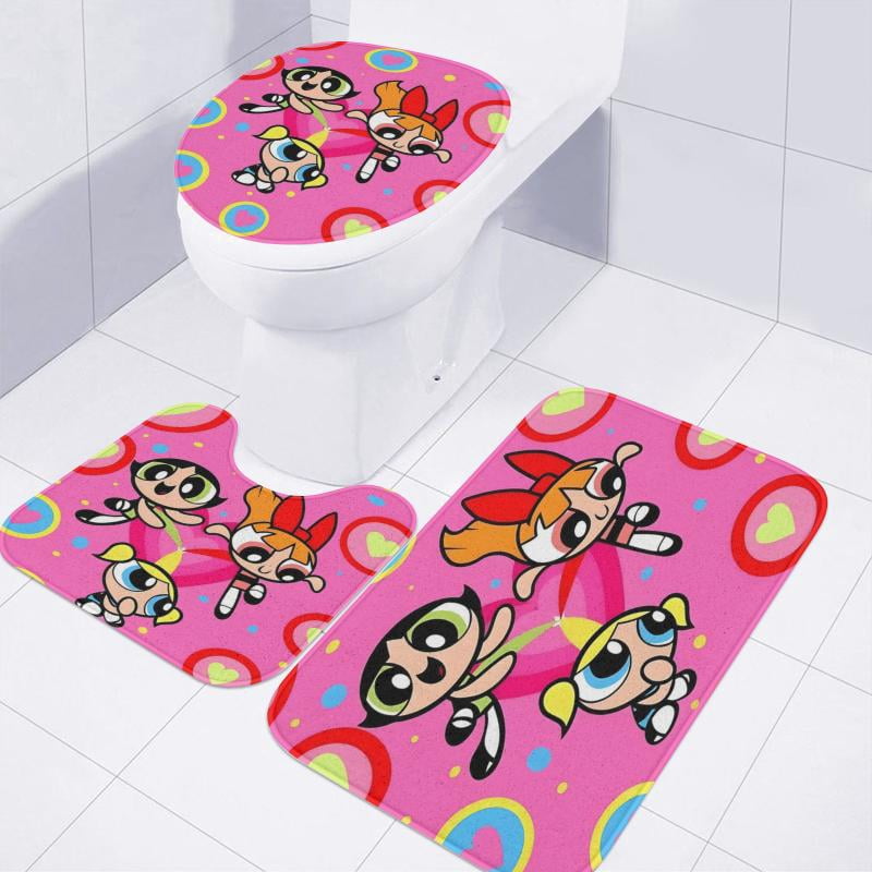 Lheaggik Cartoon Powerpuff Girl 4 Pcs Bathroom Sets with Shower Curtain and Rugs, Waterproof Polyester Shower Curtain Sets with Hooks