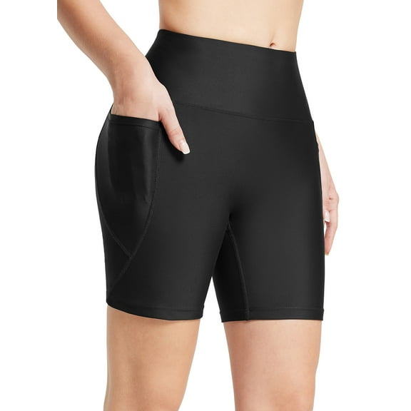 BALEAF Swim Shorts Women Bathing Suit Bottoms 6" Modest Swimsuits Tankini Tummy Control Board Shorts Swimwear High Waisted Biker Shorts Boyshorts Black L