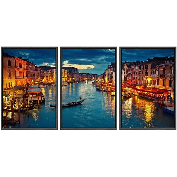 wall26 Framed Canvas Print Wall Art Set Grand Canal at Night in Venice, Italy Nature Wilderness Photography Realism Rustic Scenic Colorful for Living Room, Bedroom, Office - 16"x24"x3 Black