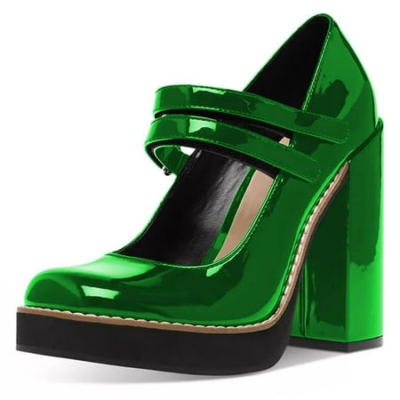 

YDN Women Lovely Round Toe Platform Mary Jane Pumps Chunky High Heel Double Strap Shoes Prom Evening Daily Size 15 Green