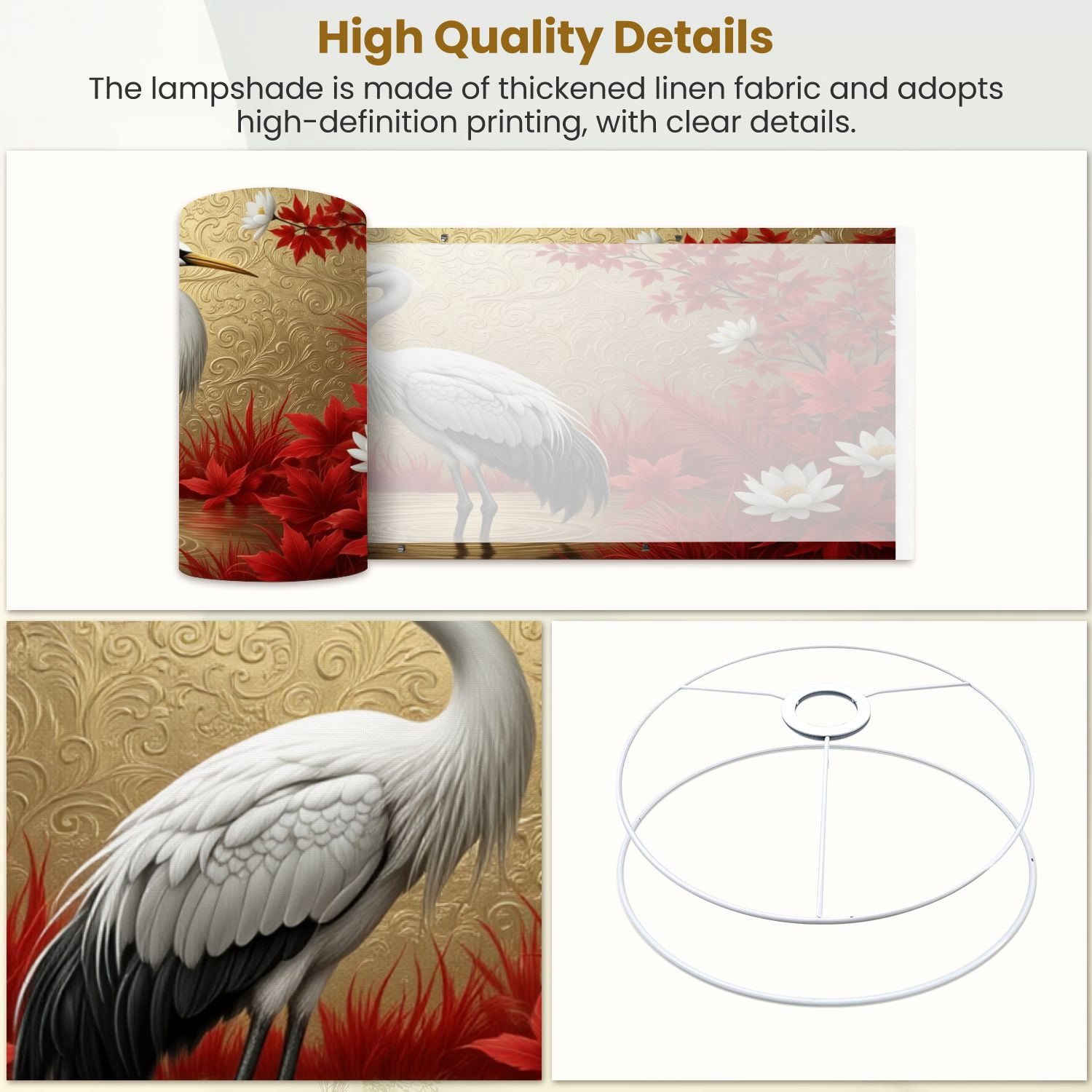 Lampshades 2 Pack Elegant White Crane Wildlife Oriental Red Maple Leaves Lotus 13"x13"x10" Light Shade for Table Lamps Floor Lamp Shades Lampshade Replacement Easy Assembly