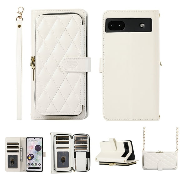 Crossbody Wallet Case for Google Pixel 6a Chain Lanyard & Wrist Hand Strap Case with Card Slots Zipper Pocket Kickstand, Premium PU Leather Magnetic Clasp Shockproof Flip Cover, White