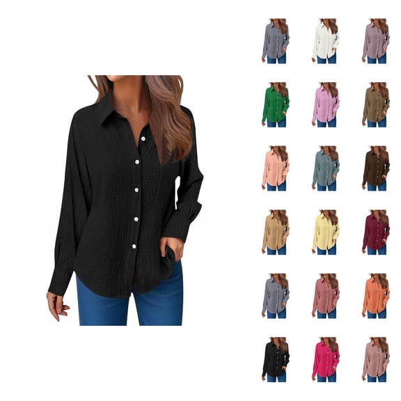 Dress Shirts for Women Long Sleeve Lapel Collar Button Down Crinkle Plain Business Casual Office Work Shirt Spring Blouse