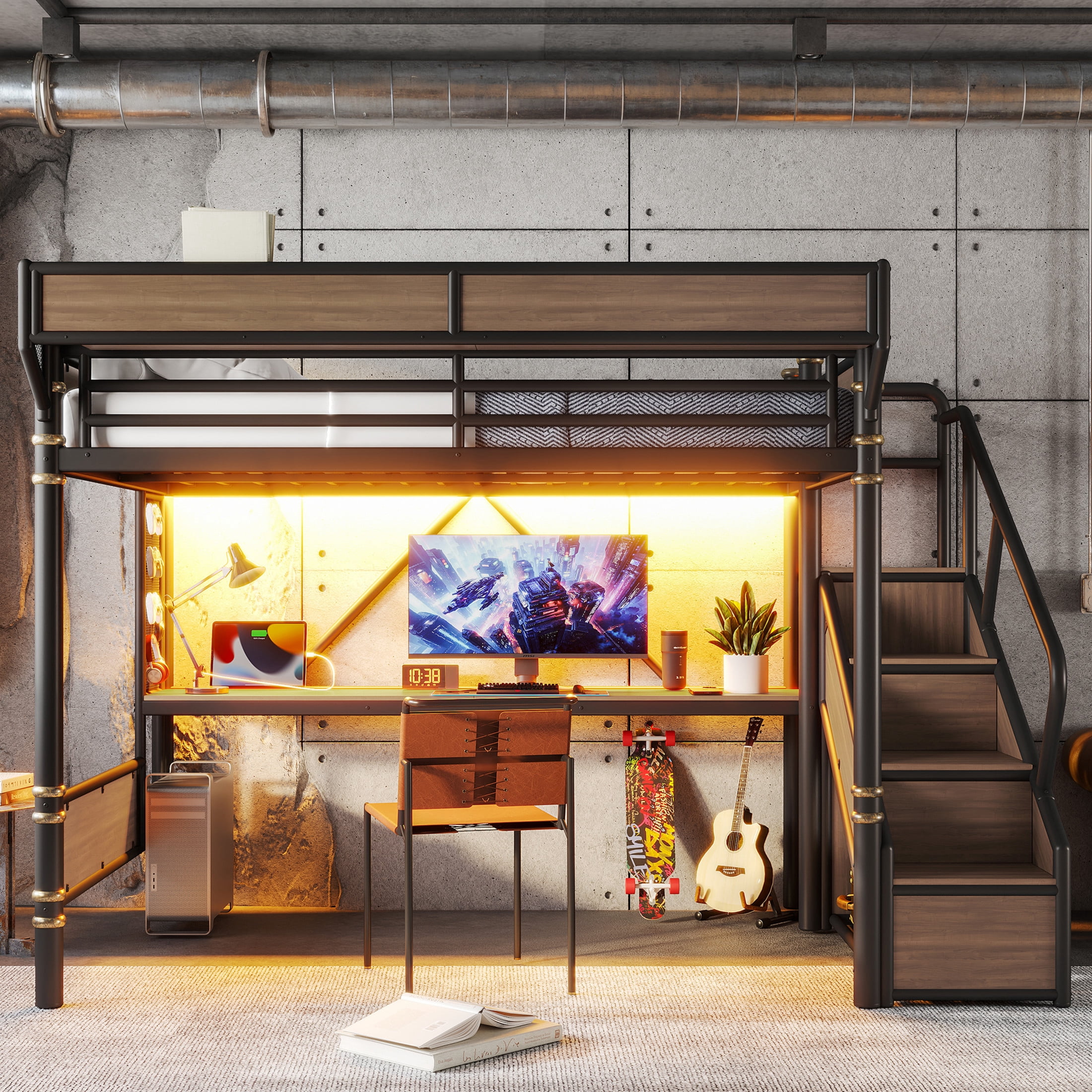 GDF Studio Queen Size Metal Loft Bed with Desk, Power Outlet, LED Light, Storage & Wardrobe, Black