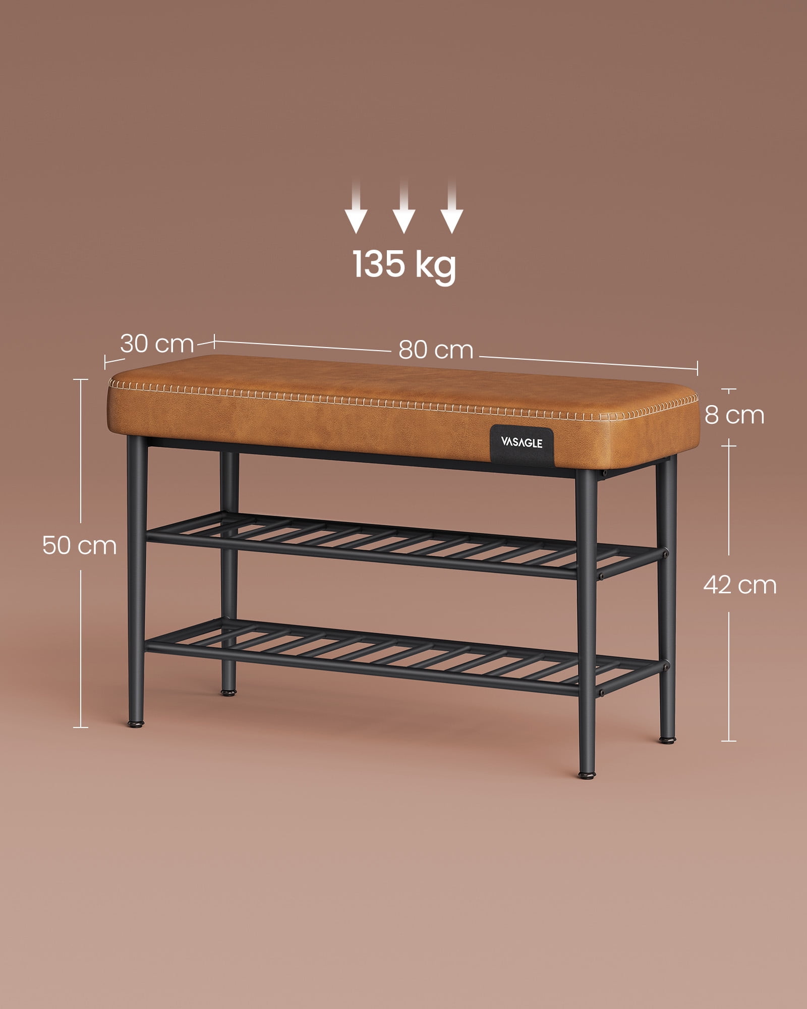 Storage Bench, Shoe Rack Bench Entryway, Synthetic Leather with Stitching, Caramel Brown