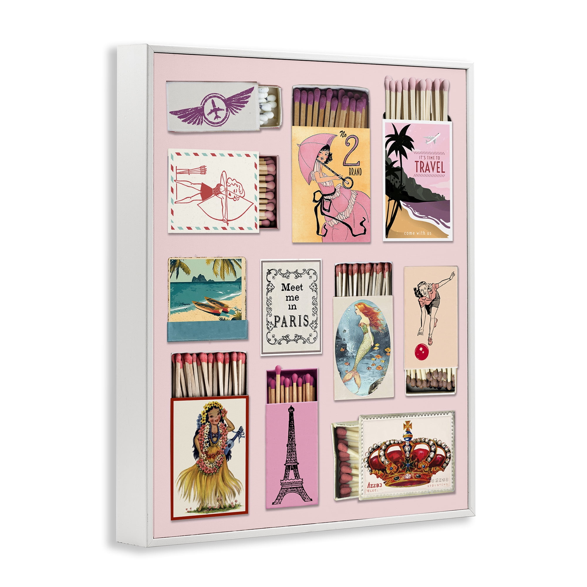 Stupell Industries Vintage Travel Matchbook Montage White Framed Giclee Art, design by CAD Designs