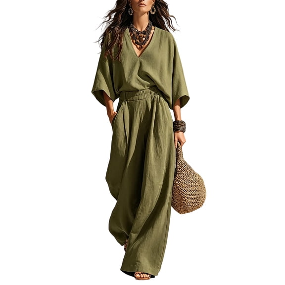 Clossjun Linen Sets for Women Dressy Casual Cozy Outfits 3/4 Sleeve Top & Wide Leg Pants Fall Vacation Lounge Sets for Work Out Teacher S