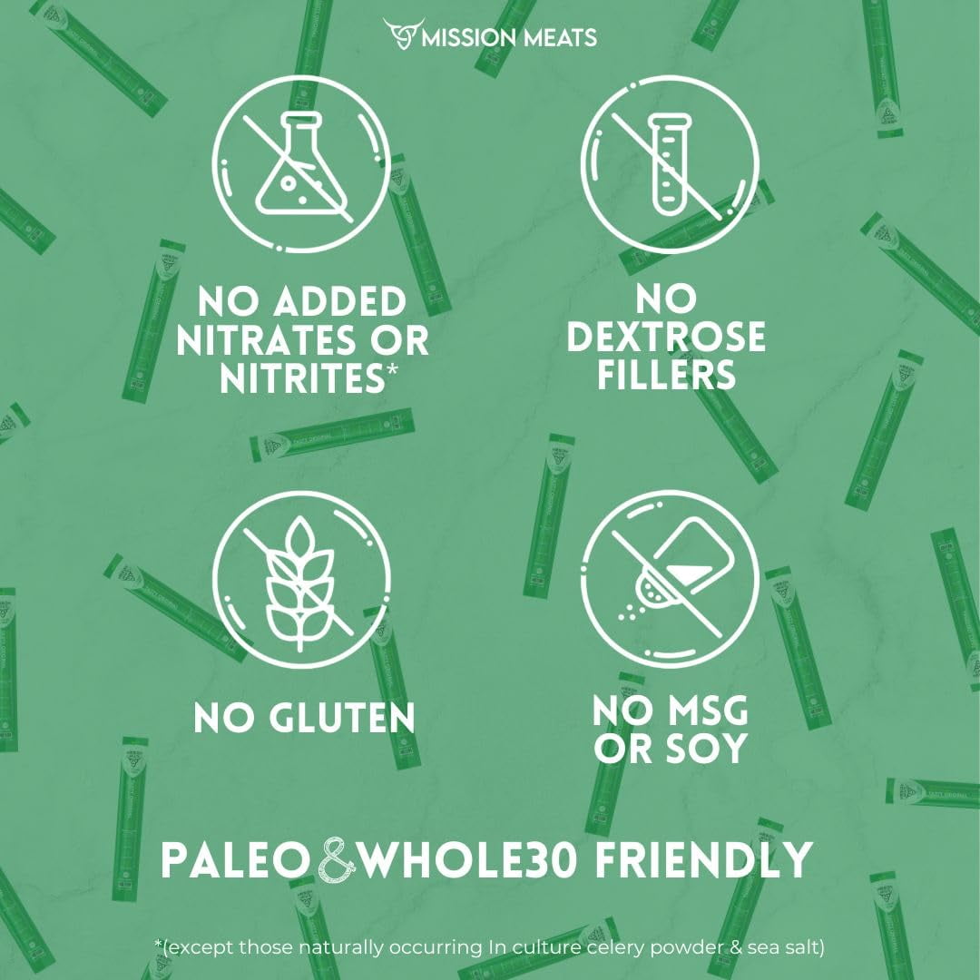 Mission Meats Beef Sticks – 100% Grass Fed & Pasture Raised, Sugar Free, Individually Wrapped Healthy Snacks, Whole 30 & Paleo, Original 1oz (12ct)