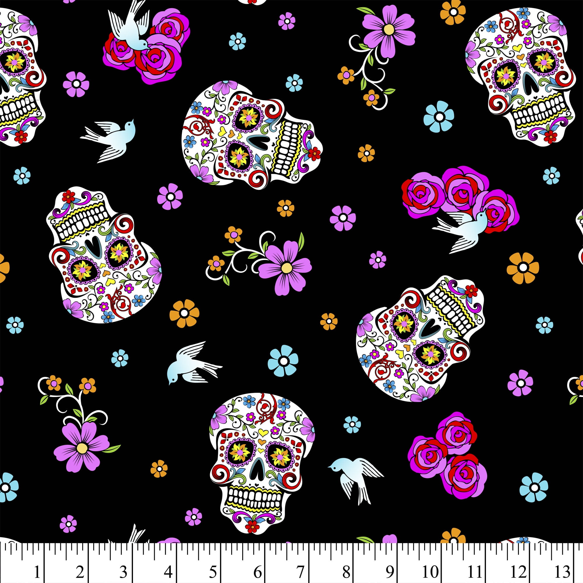 1 Yard 100% Cotton Day of the Dead, Black, 44" Wide for Quilting & Sewing by David Textiles