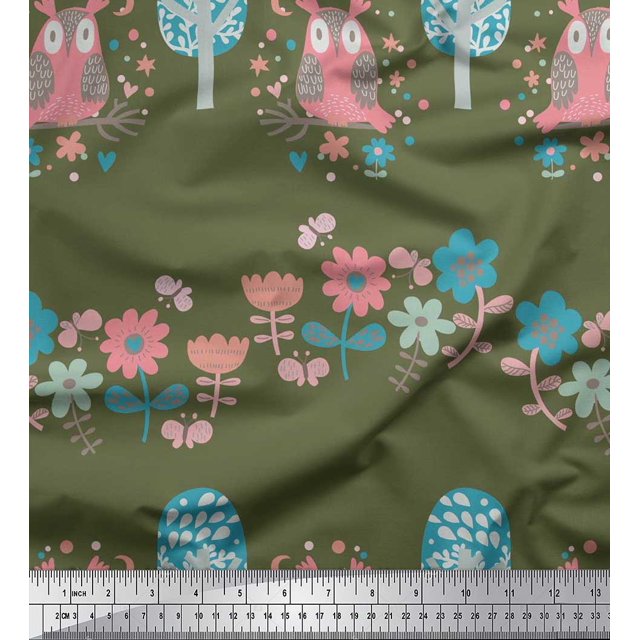 Soimoi Cotton Voile Fabric Floral,Tree & Owl Kids Print Fabric by Yard 42 Inch Wide