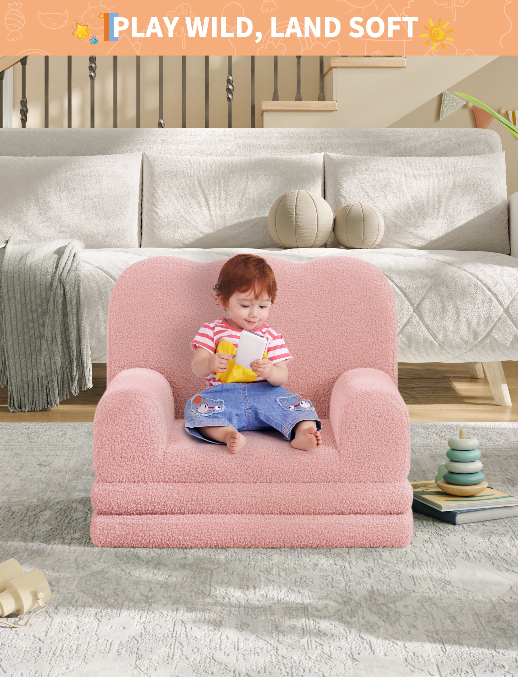 Kids Couch, 2-in-1 Convertible Teddy Fleece Fabric Toddler Sofa Chair, Soft Fold Out Couch Lounger, Comfy Children's Sofa Bed for Nursery Gift