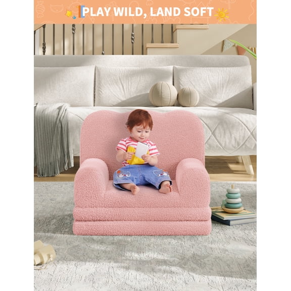 2-in-1 Convertible Kids Sofa Bed – Soft Sherpa Stuffed Fleece Fold-Out Toddler Couch, Comfy Foam, Perfect for Nursery, Playroom, Gift for Girls & Boys