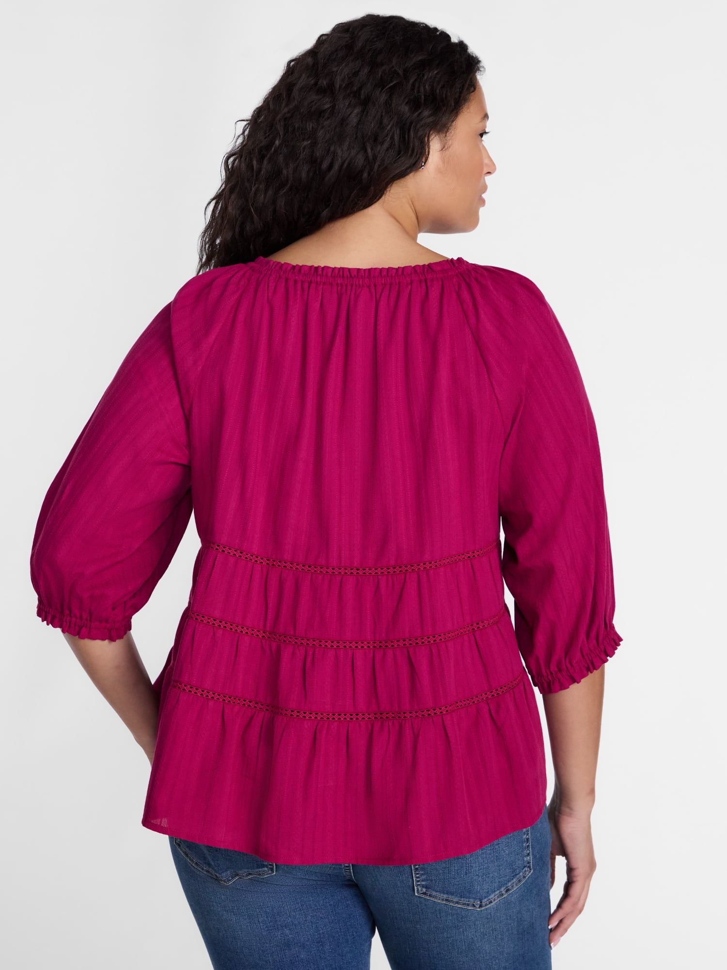 Terra & Sky Women's Plus Eyelet Trim Swing Top with Elbow Length Sleeves, Sizes 0X-5X