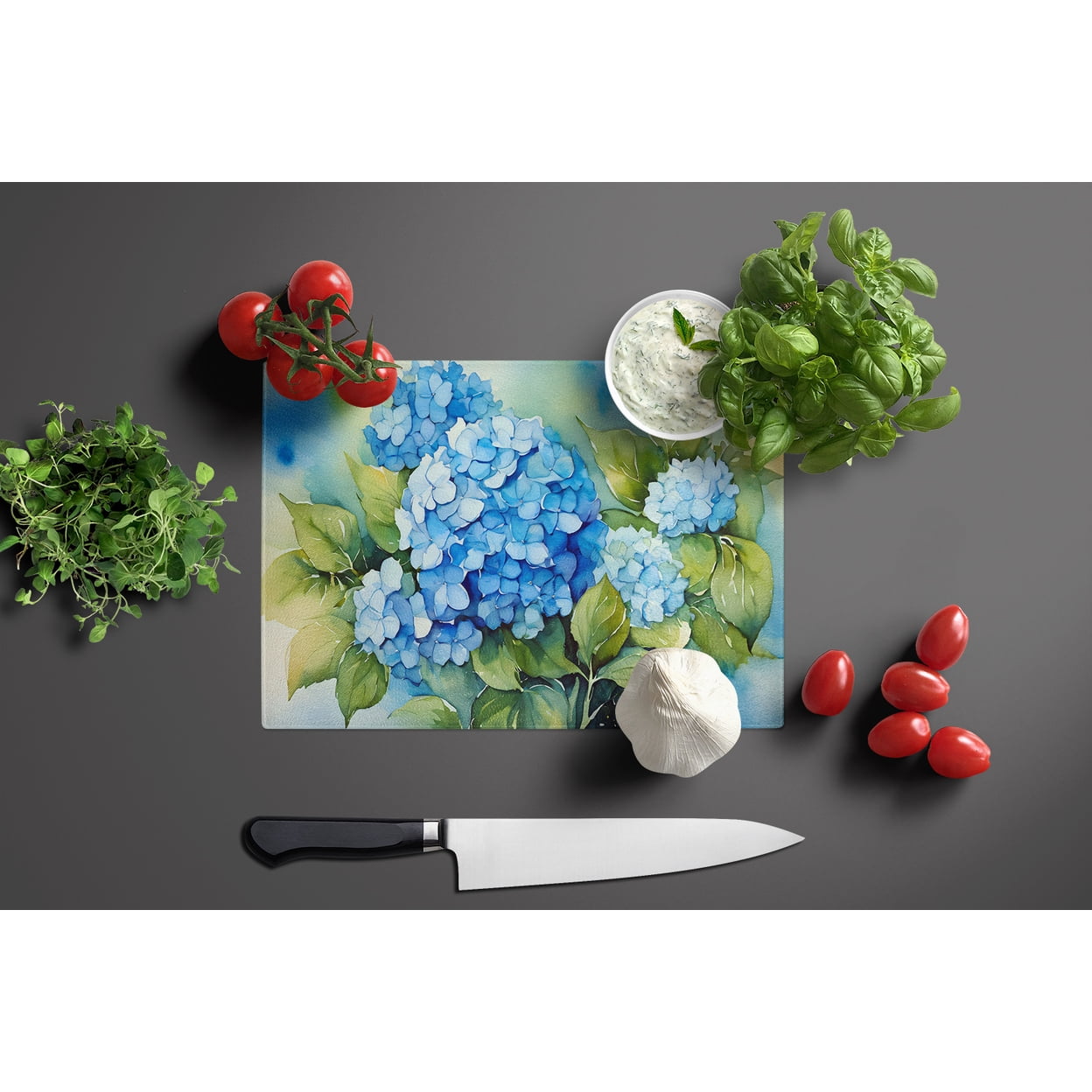 Hydrangeas in Watercolor Glass Cutting Board Large 12 in x 15 in