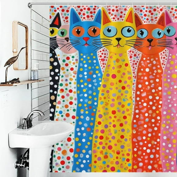 Cat Print Shower Curtain Art Style Bathroom Decor Shower Curtain with 12 Hooks,66inx72in