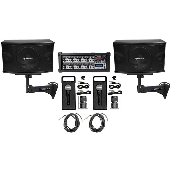 Pair Rockville KPS10 10" 3-Way 1200w Karaoke Speakers Mixer Wall Brackets Mics