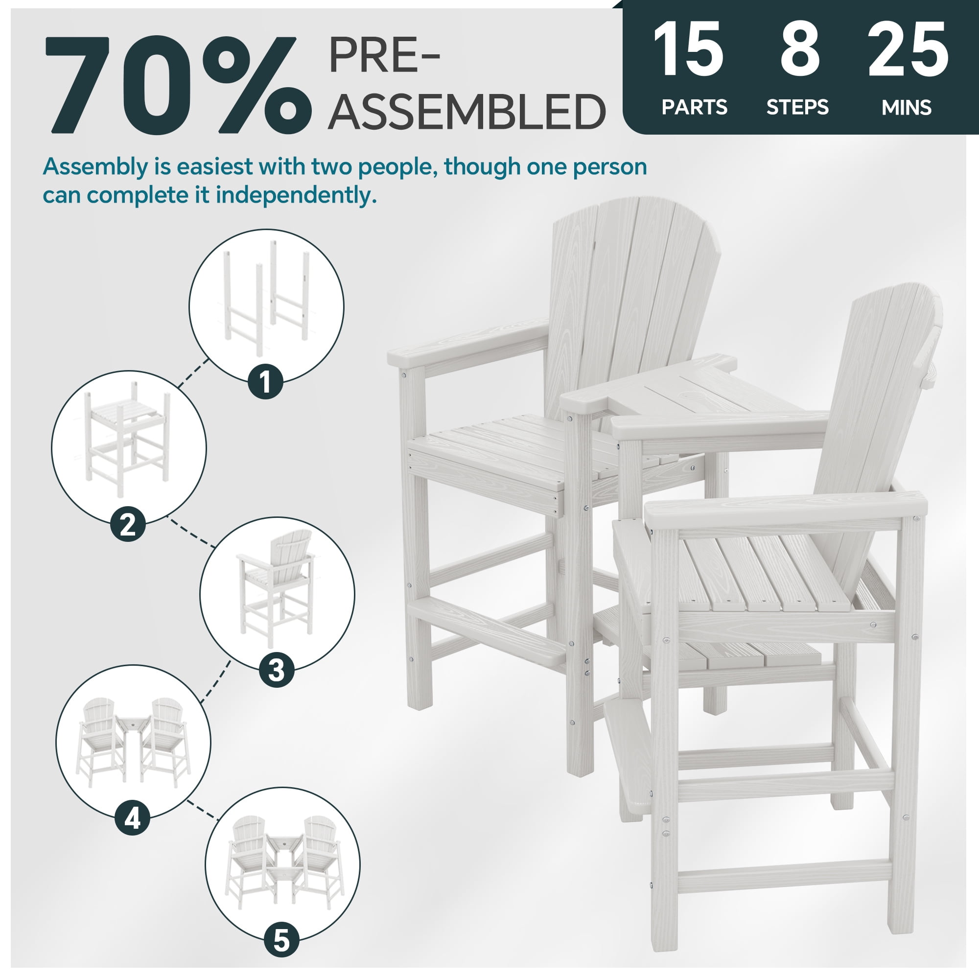 SERWALL Tall Adirondack Chairs Set of 4 with Double Layer Connecting Tray, HDPE Bar Height Outdoor Chairs, for Patio, Balcony, Porch, Pool, White
