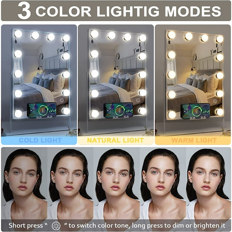 COOLJEEN Large Hollywood Vanity Mirror with Lights Bluetooth 18 Dimmable  LED Bulbs, 3 Color Modes Lighted Makeup Mirror with USB Charging Port