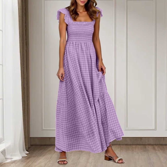 WILLBEST Vestido Retro A Cuadros para Mujer con Tirantes Finos y Falda con Borde de Hoja Chica