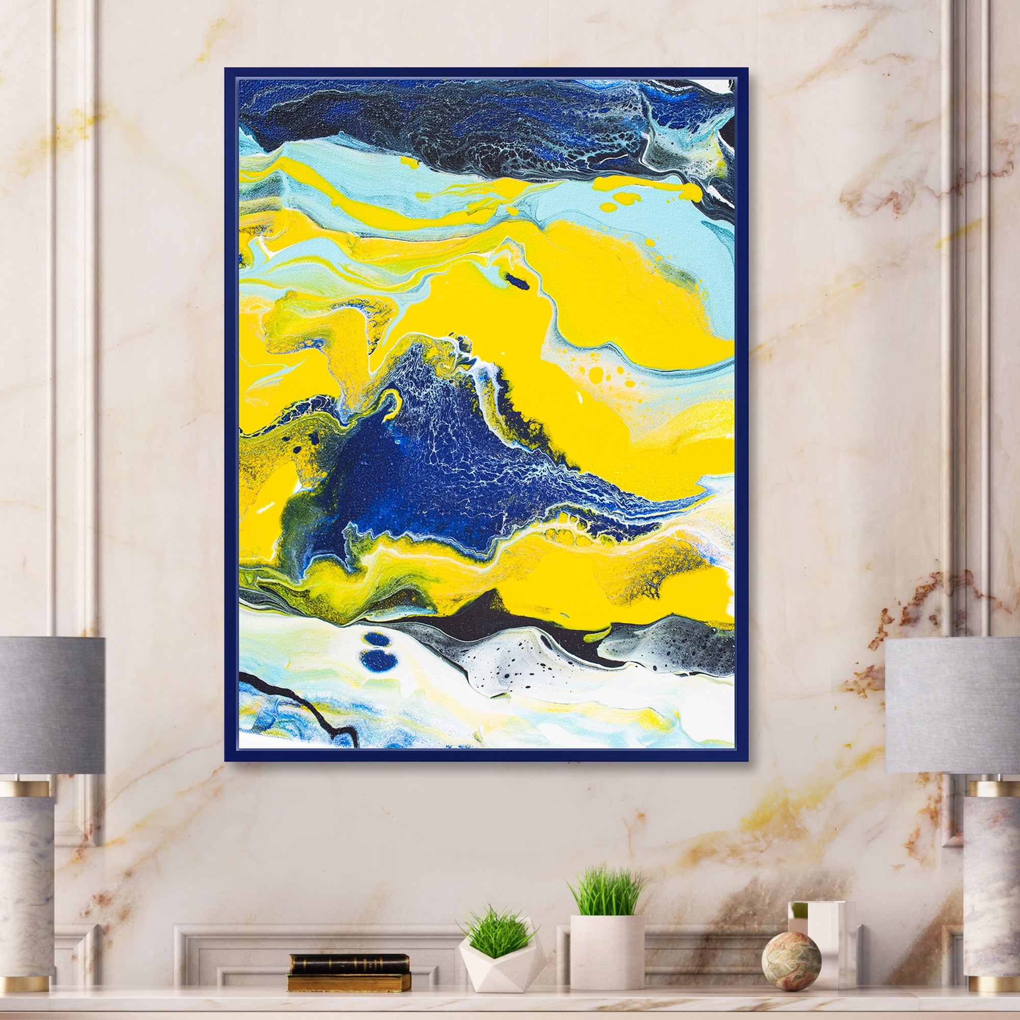 Designart 'Abstract Marble Composition In Blue and Yellow I' Modern Framed Canvas Wall Art Print