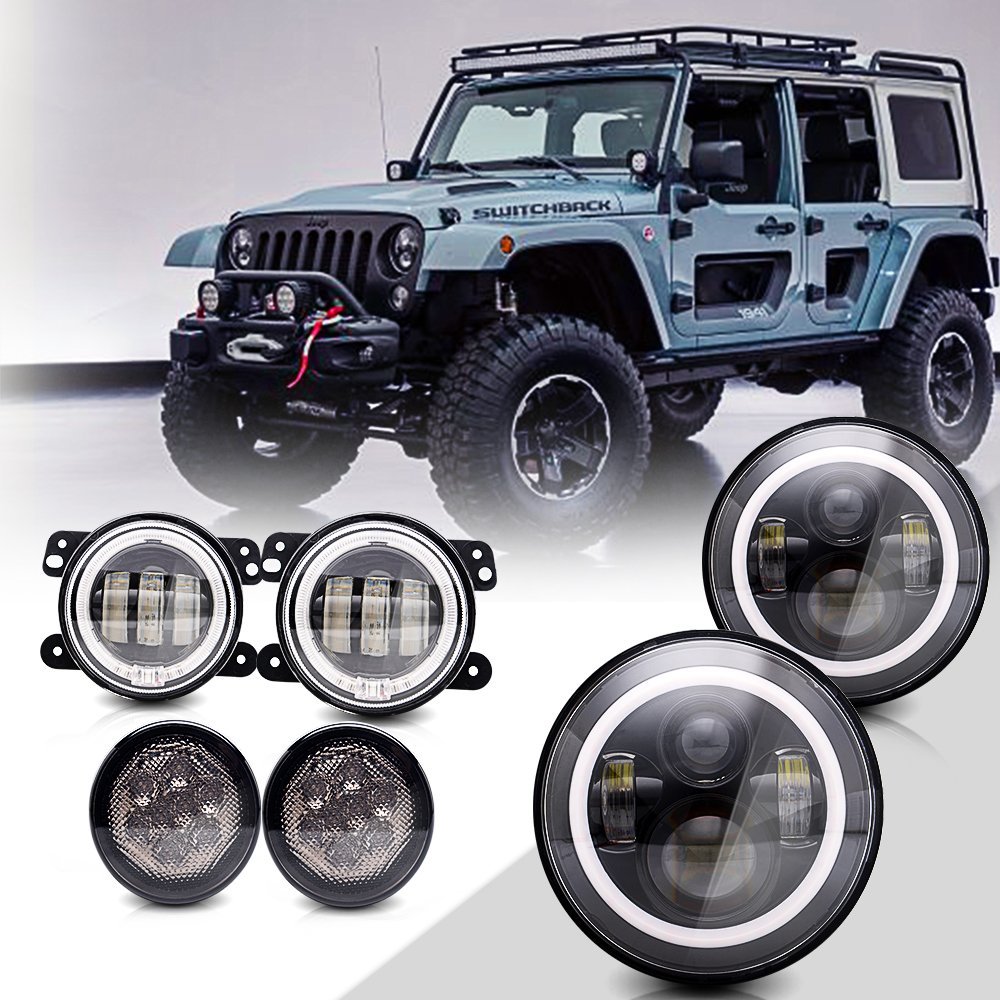 For Jeep Wrangler JK 7'' Chrome LED Halo Headlight Turn Signal Light 4