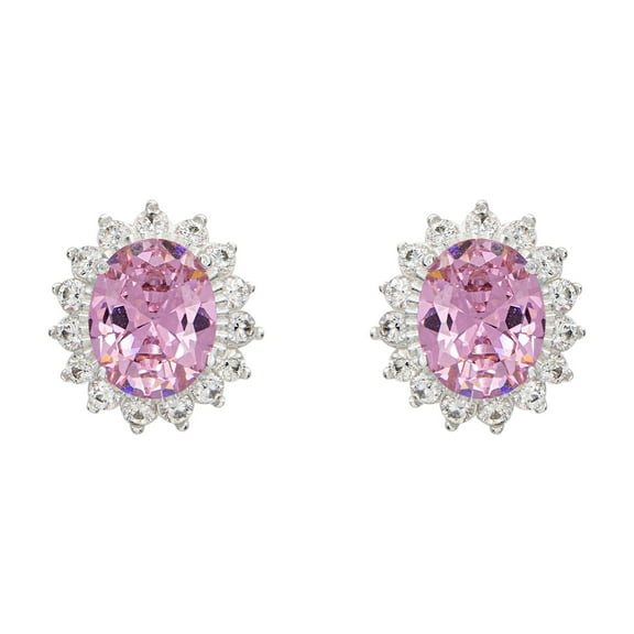 Sterling Silver Oval Cut Pink Cubic Zirconia Sunburst Halo Earrings