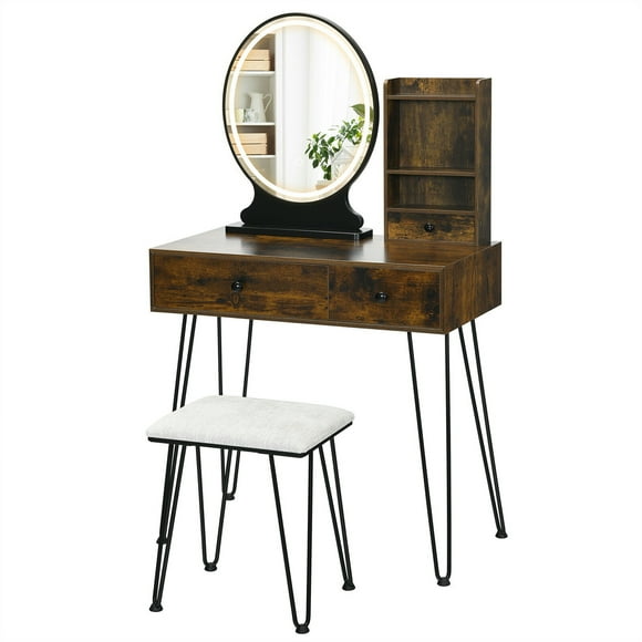 Gymax Vanity Table Set Lighted Mirror Storage Drawer Shelf Cushion Stool Rustic Brown