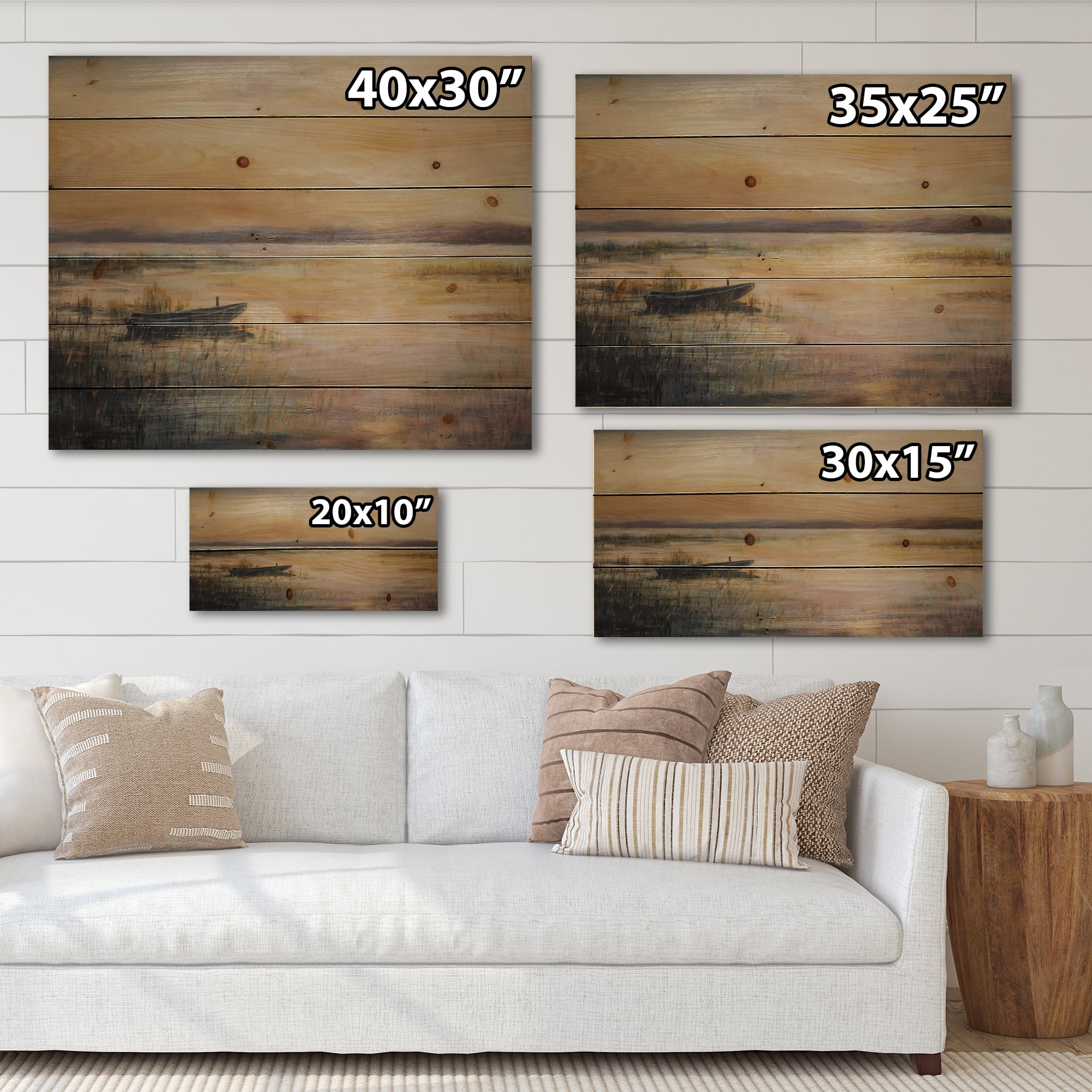 Designart 'Pastel Boat Sunset Over The Lake' Nautical & Coastal Print on Natural Pine Wood