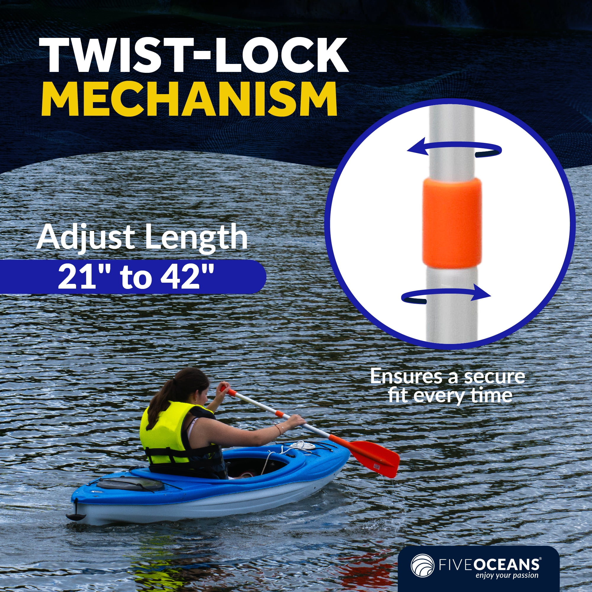 Five Oceans Boat Paddle, Emergency Paddle - 2-Pack Telescoping Paddle, Boat Paddles, Floating Orange Paddle, Extends from 21" to 42", Easy Storage Compact Design, Strong Aluminum Shaft - FO2898-M2