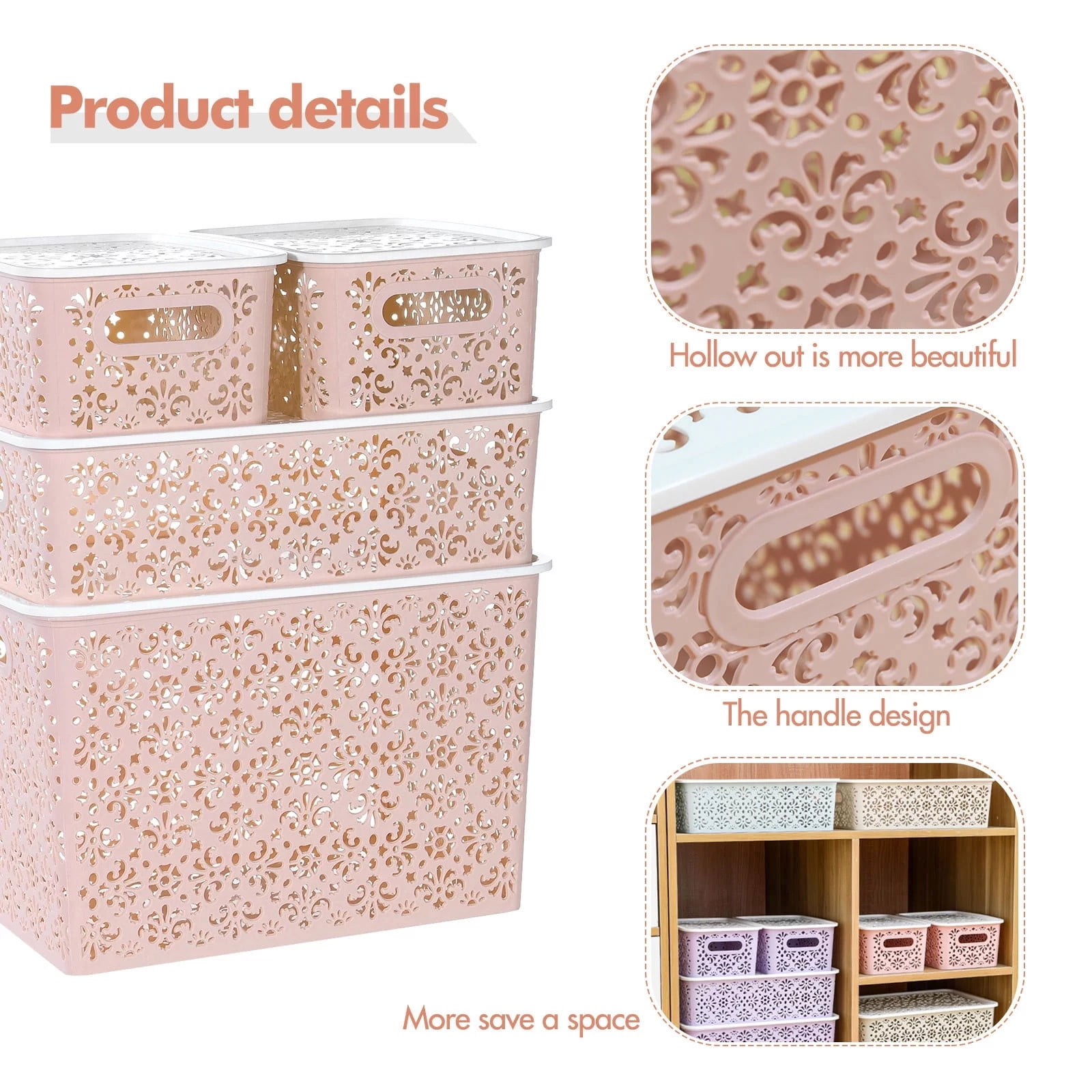 TEAFIRST Set of 4 Storage Bins, Organizer Container with Lids Stackable for Bathroom, Plastic, Pink