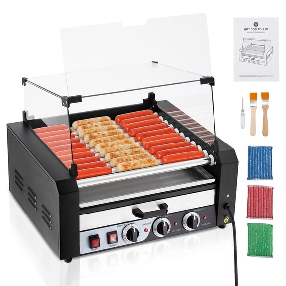 Hot Dog Roller with Warming Drawer, 11 Rollers 30 Hot Dog Capacity, 1850 Watt Stainless Steel Sausage Grill with Dual Temperature Control Removable Drip Tray and Glass Cover for Parties and Commercial