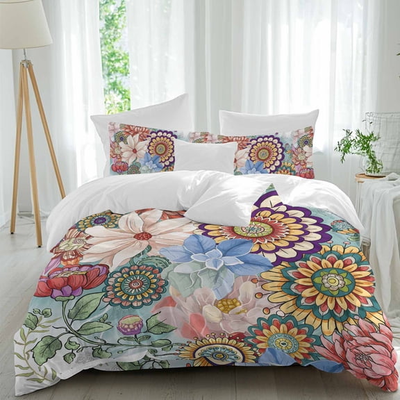 Bohemian Flowers Queen Size Comforter Set, Vintage Colorful Floral Farmhouse Plant Bedding for All Seasons, 4 Pcs Bed Set, 1Quiltcover (90"x92") ,1Sheet(94"x116"), 2Pillowcases (30"x20")