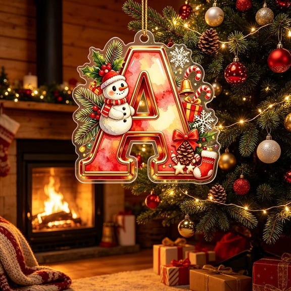 Personalized Christmas Ornaments Christmas Acrylic Letter Ornaments 26 Alphabet Snowman Xmas Hanging Ornaments for Christmas Tree Decoration, A