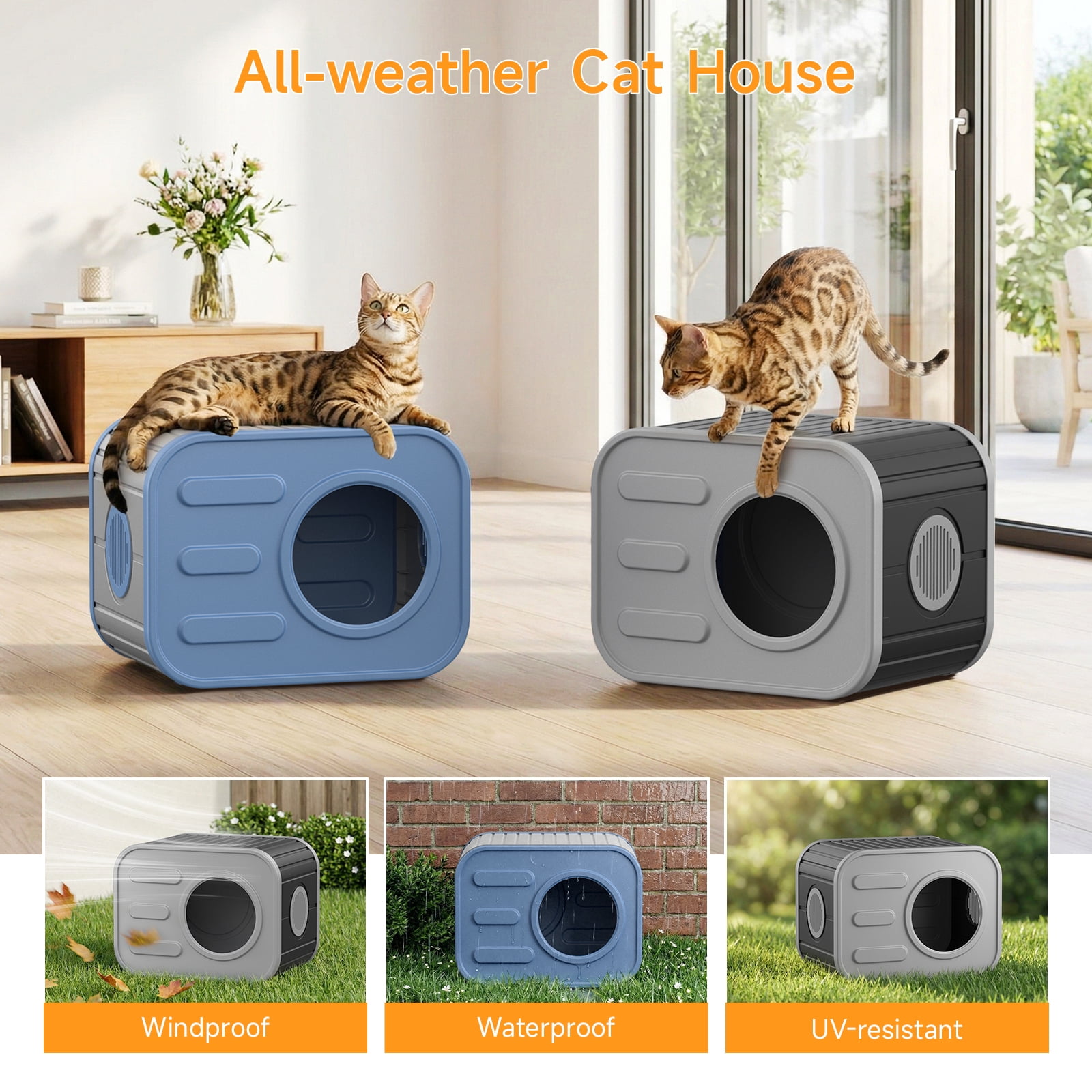 Dovov Cat House, Weatherproof Cat Shelter Camera-Shaped Cat Cage for Indoor & Outdoor Cats, Dual Ventilation Windows Cattery, Black Gray