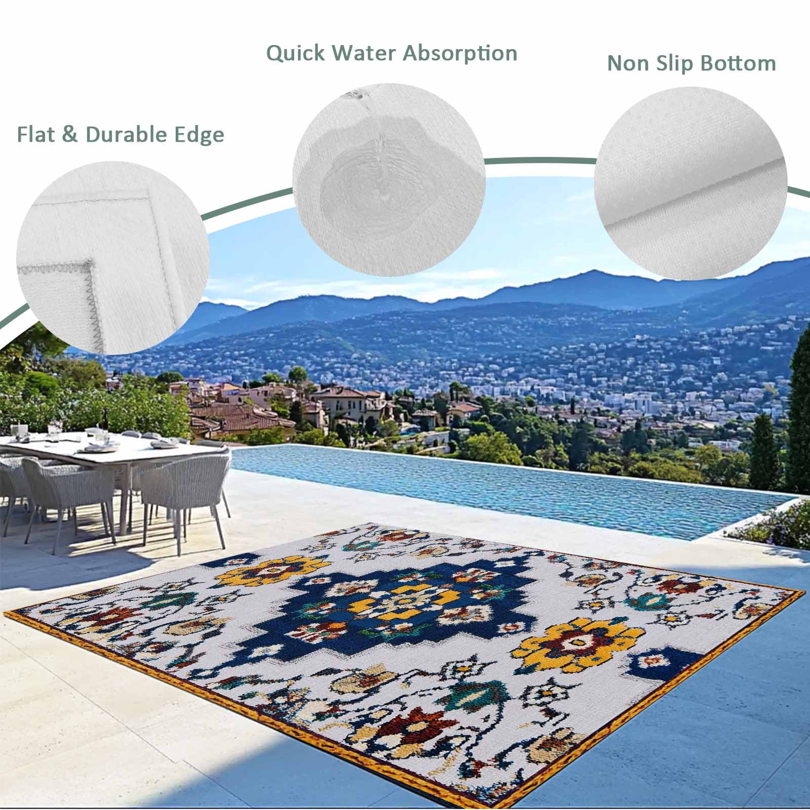 Fsddascl Blue Grey Boho Outdoor Rug for Patio/Deck/Porch, Non-Slip Large Area Rug 4 x 6 Ft, Retro Traditional Oriental Boho Tribal Indoor Outdoor Rugs Washable Area Rugs, Camping Rug Carpet
