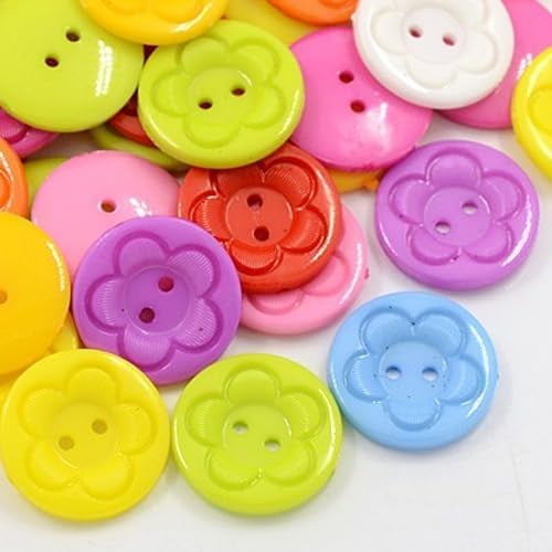100Pcs Acrylic Sewing Buttons for Clothes Design Plastic Buttons 2-Hole Dyed Flat Round with Flower Pattern Mixed Color 25x4mm Hole 2mm