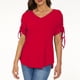 thumbnail image 2 of Blusa de manga con cordón para mujer, cuello en V, color puro, bolsillo frontal, blusa de ajuste casual de moda para citas, rojo XL, 2 of 5