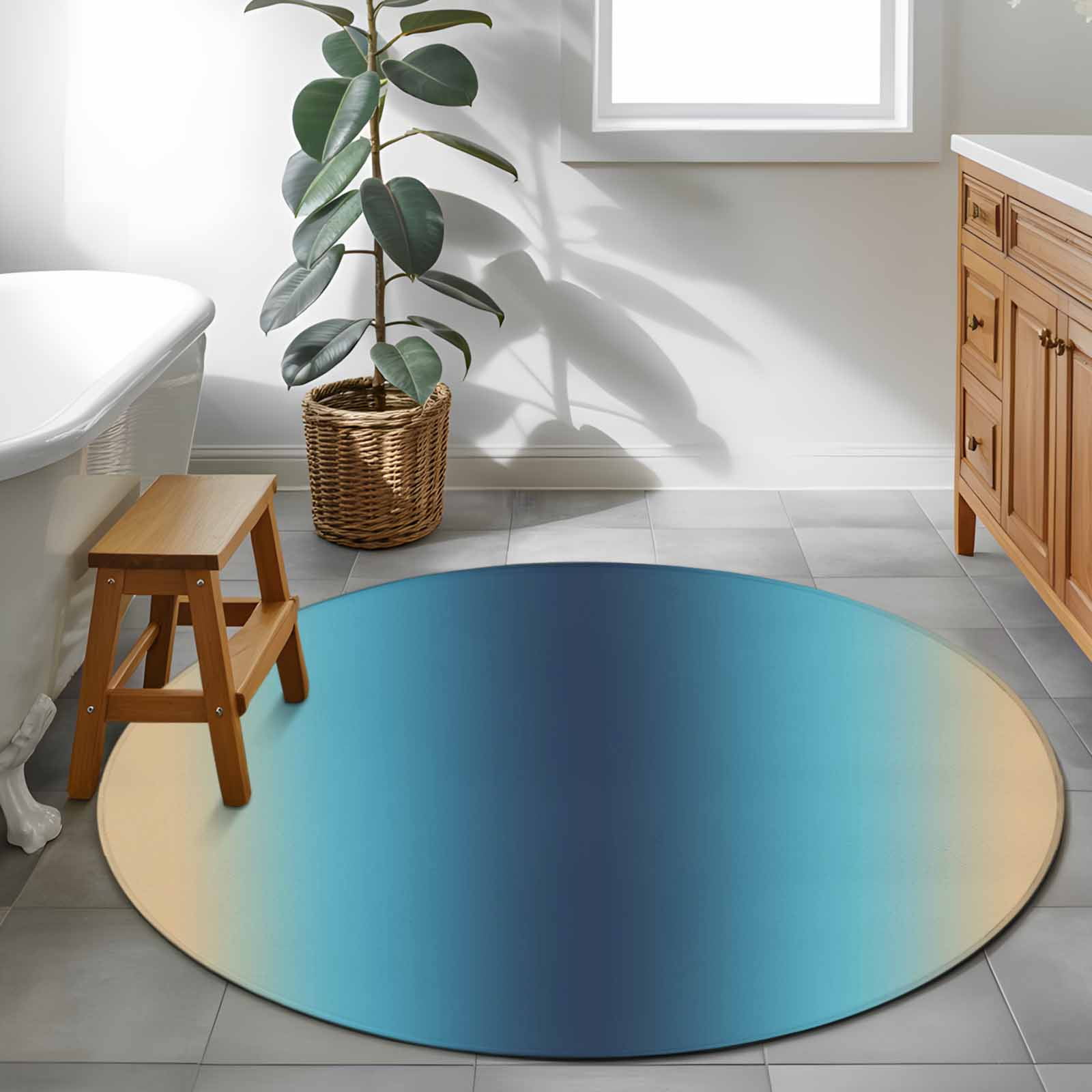 Blue Teal Yellow Ombre Round Area Rug 4Ft Washable Circle Rugs for Bedroom Dining Room, Farmhouse Modern Gradient Art Non-Slip Carpet Floor Mats Indoor Outdoor Carpet Runner Aesthetic Home Decor