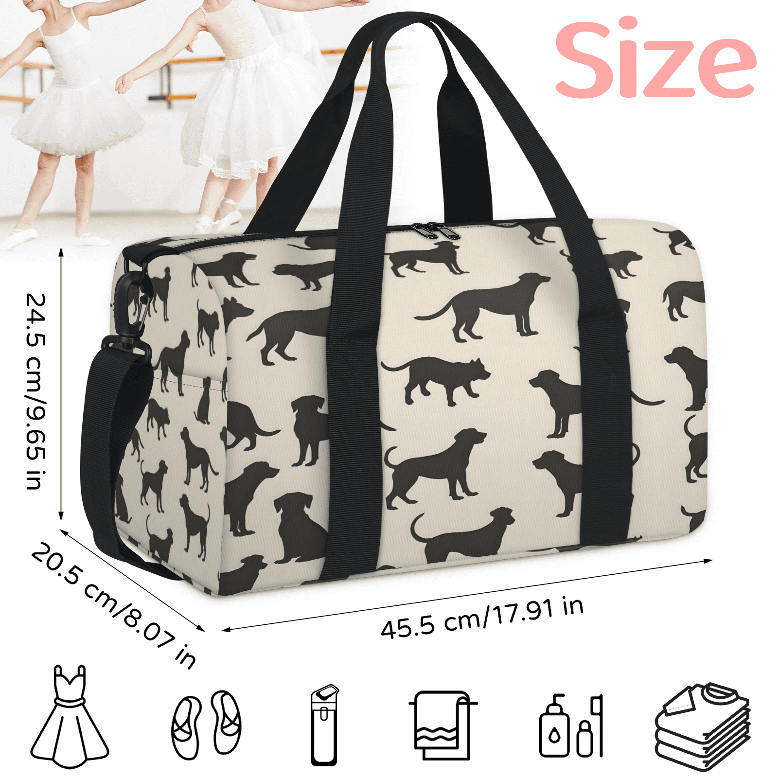 Herdesigns Dog Pattern Gym Bag for Women, Duffle Bag for Travel Sport, Lightweight Waterproof Carry on Weekender Overnight Dance Yoga Workout Bags