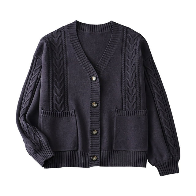 Soki Women's Long Sleeve Open Front Cable Knit Crop Cardigans V Neck Button Sweaters