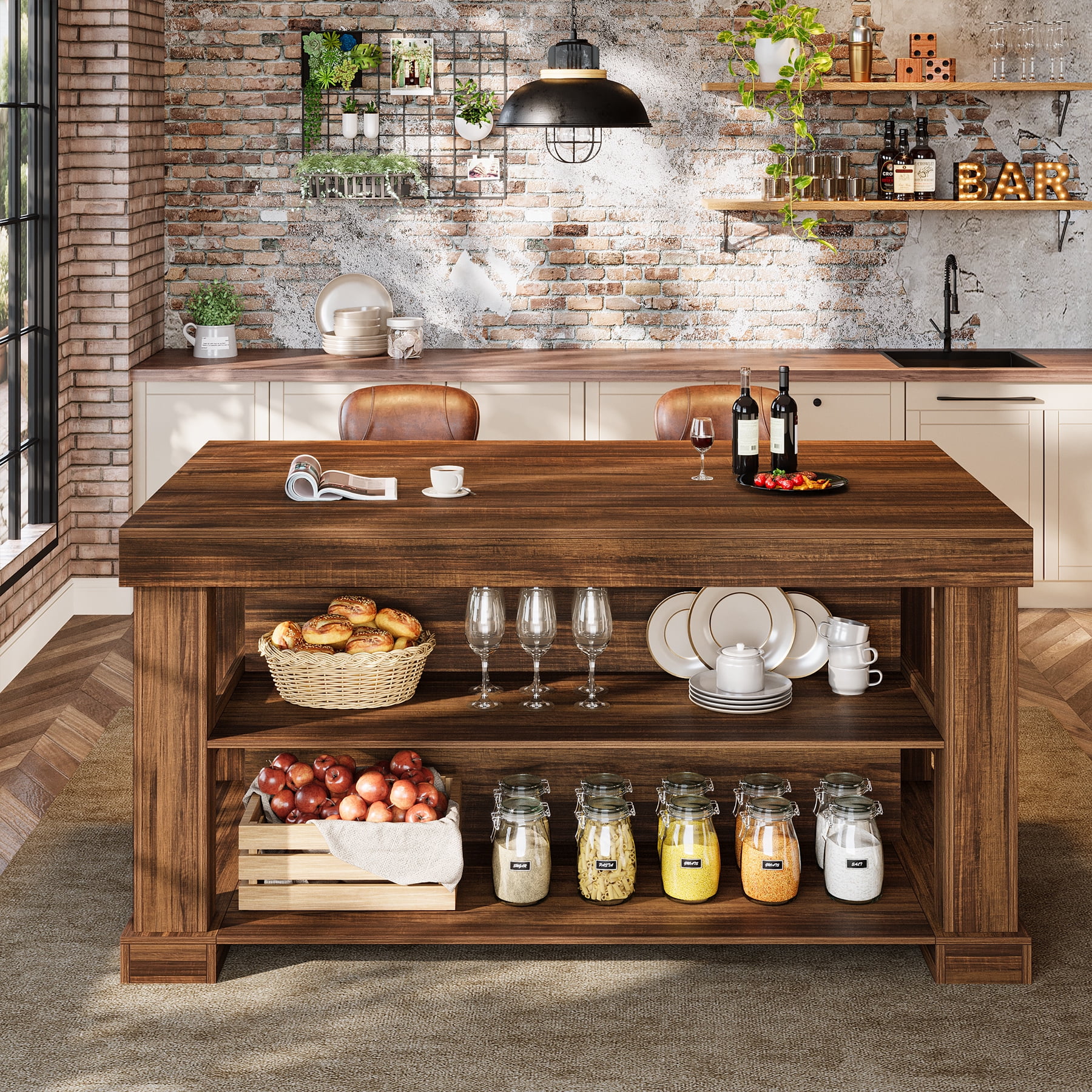 55-Inch Home Bar Unit, 3-Tier Bar Table with Ample Storage, Rustic Brown