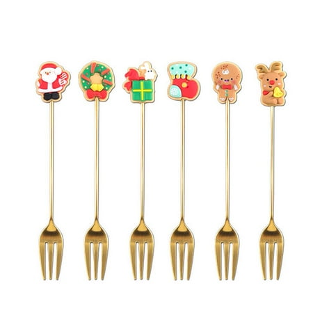 

6PCS New Year Tool Coffee Dessert Cartoon Fruit Fork Dinnerware Set Stainless Steel Spoon Christmas Spoon GOLD FORK