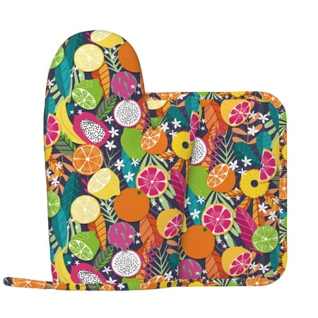

Oven Mitts and Pot Holders Sets - Yuzu dragon fruit Heat Resistant Silicone Oven Gloves (Left Glove) with Non-Slip Silicone Surface and hot pads for kitchen Baking Cooking