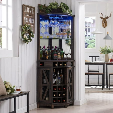 OKD Industrial Pantry Storage Cabinet with Doors and Shelves, Farmhouse Wine Bar Cabinet with Rack Storage, Dark Rustic Oak