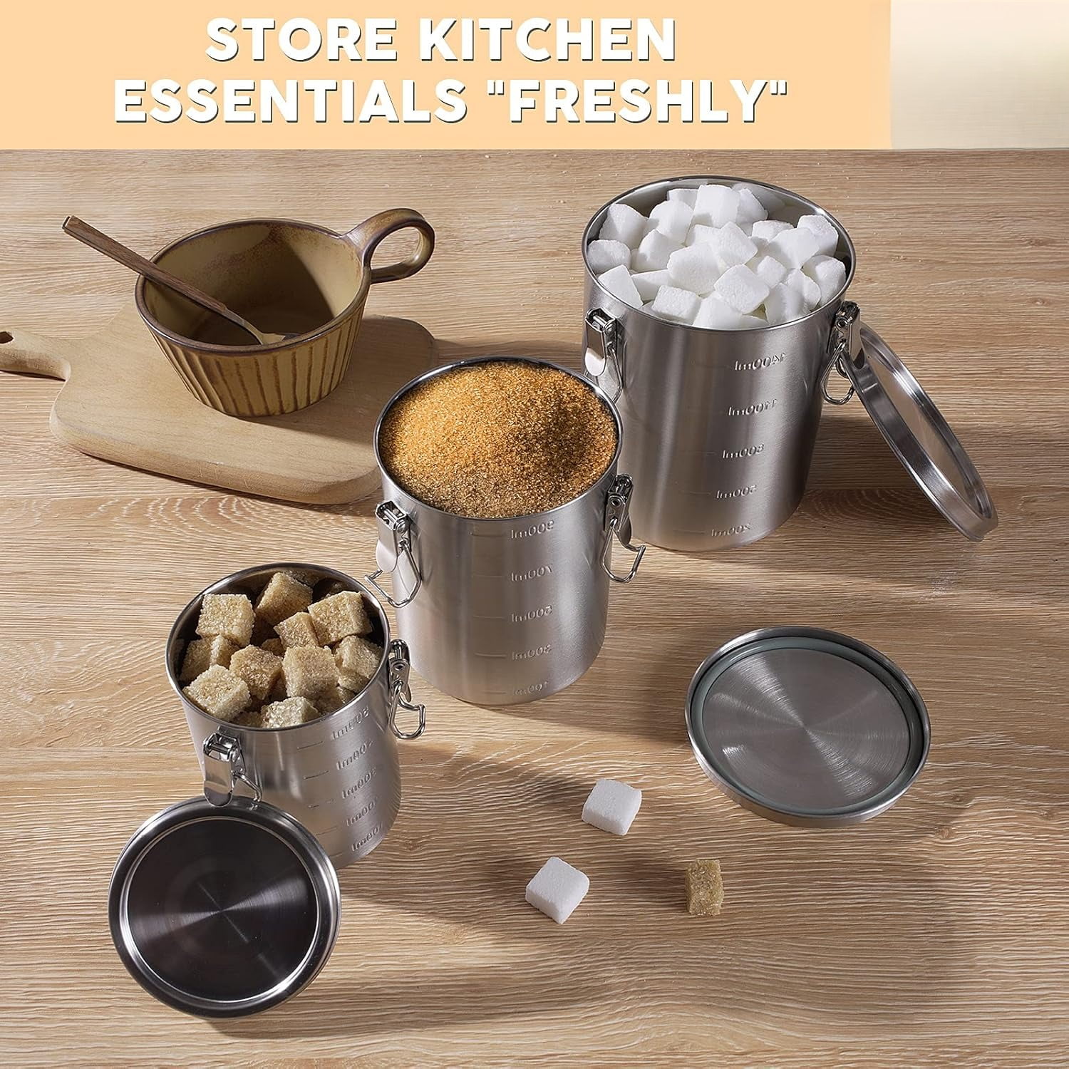 Compact Stainless Steel 100% Airtight Canisters Sets for Small Kitchens | Metal Food Storage Containers with Lids Sealed - Keep Flour, Sugar, Coffee, Tea Fresh for Months (18+35+56 fl oz)