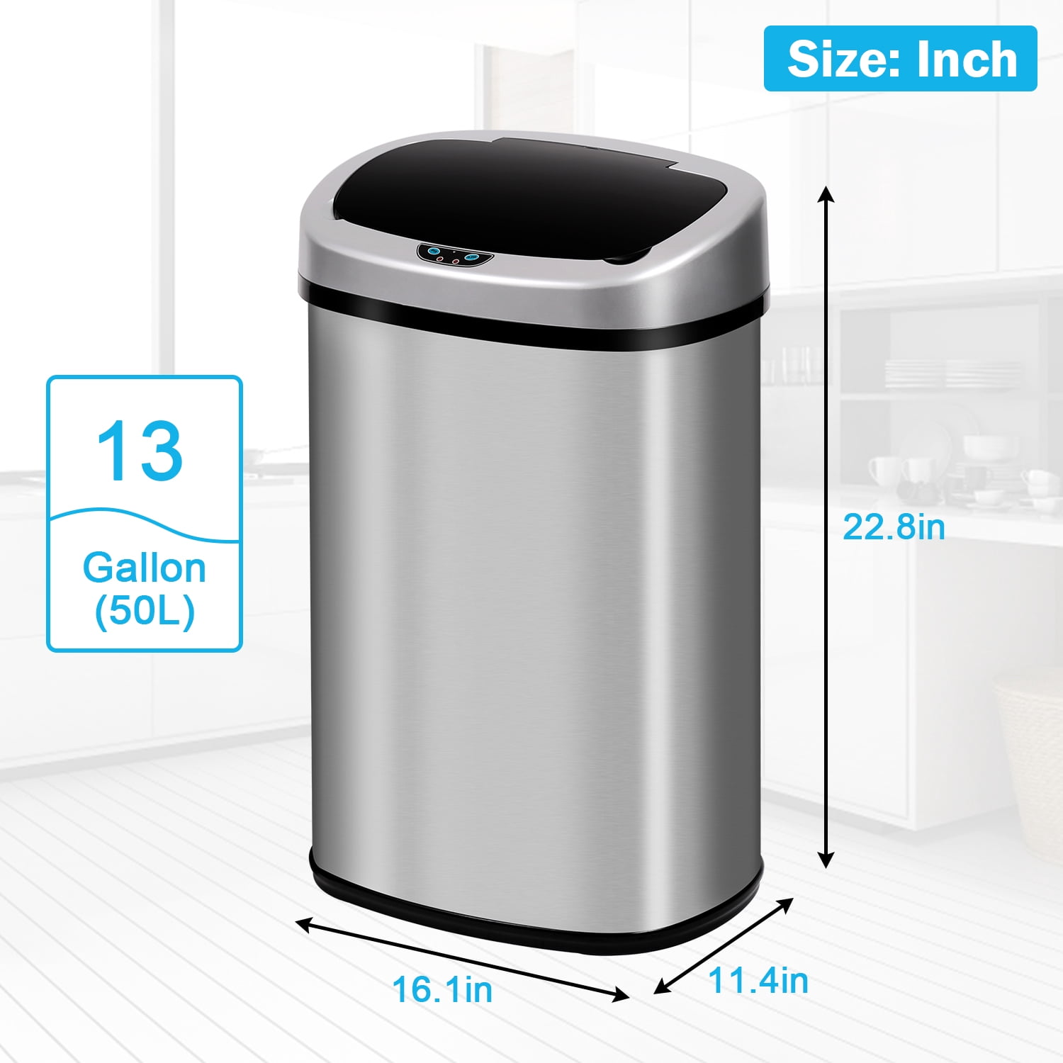 13 Gallon Kitchen Trash Can Automatic Stainless-Steel Garbage Can with Touch-Free & Motion Sensor, Anti-Fingerprint Mute Designed Brushed Waste Bin for Home, Silver