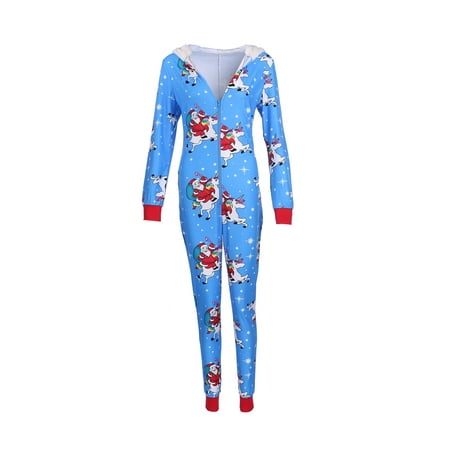 

Women Christmas Long Sleeve Jumpsuit Cartoon Print V-neck Zipper Romper Pajamas Xmas Hooded Winter Home Sleep Wear
