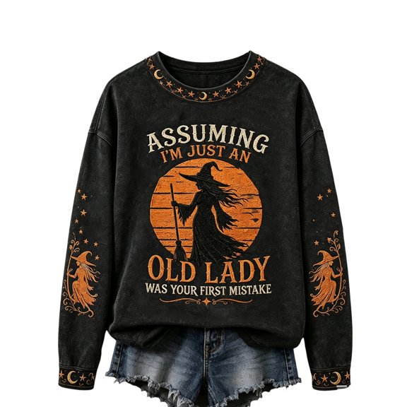 Dweltoz Halloween Sweatshirt for Women Vintage Witch Graphic Crewneck Pullover Fall Spooky Sweater Casual Long Sleeve Top,Saffron 3XL