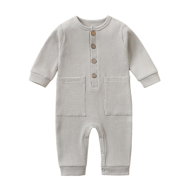 FAIWAD Baby Boy Girl Long Sleeve Button Romper Round Neck Solid Color Jumpsuit Spring Casual Romper