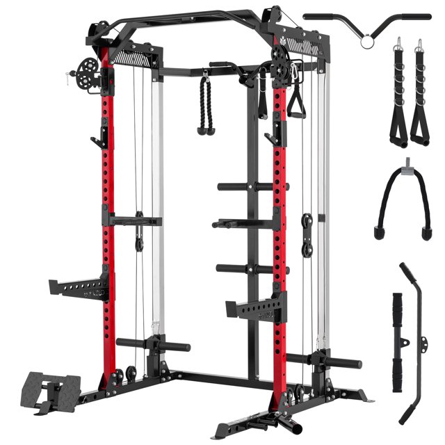 Power Cage, Squat Rack with Dual Pulley Cable Crossover System, Multifunction Free Weight Home Gym Workout Machine with Attachments